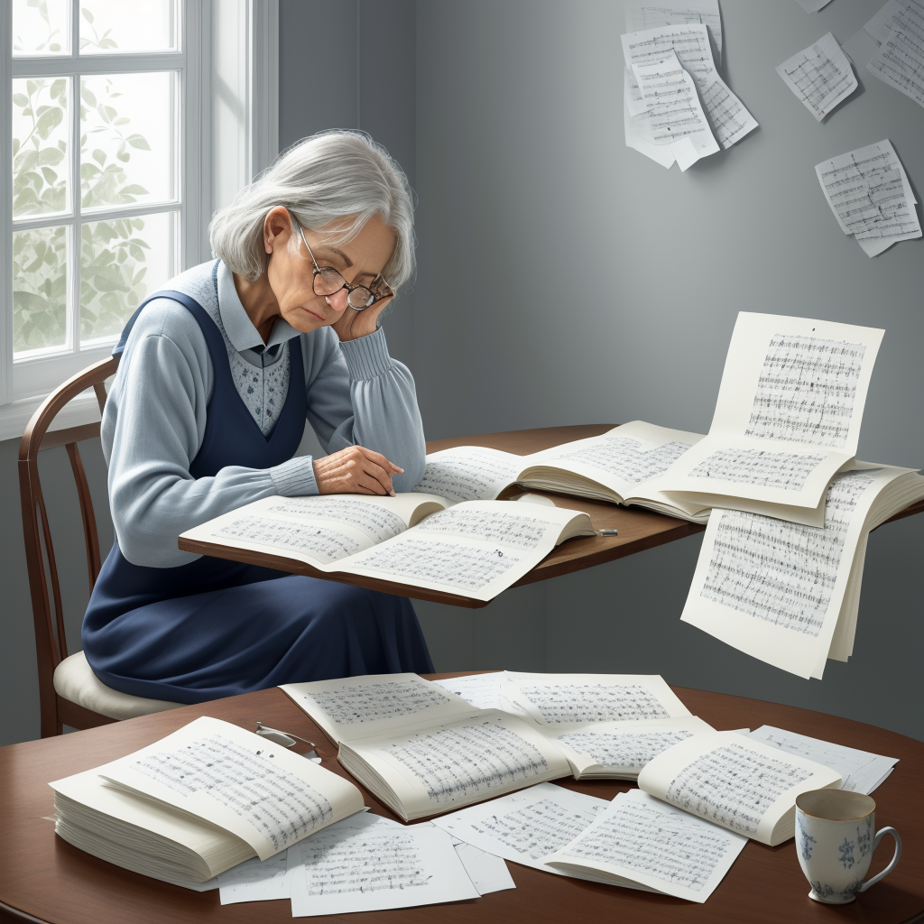 A woman at a kitchen table covered in scraps of paper and fragments, finally seeing the whole