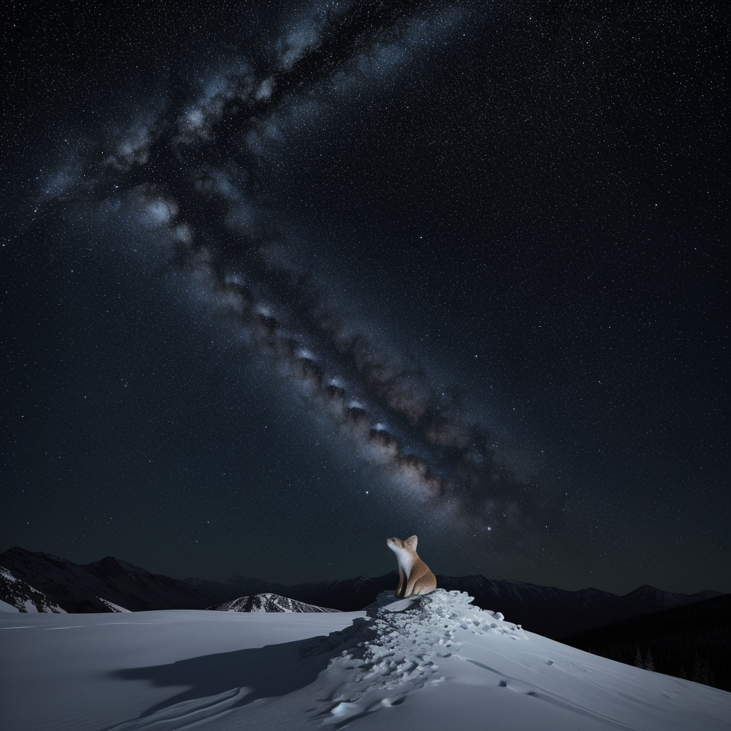 Small red fox climbing mountain carrying a glowing star, constellation forming above