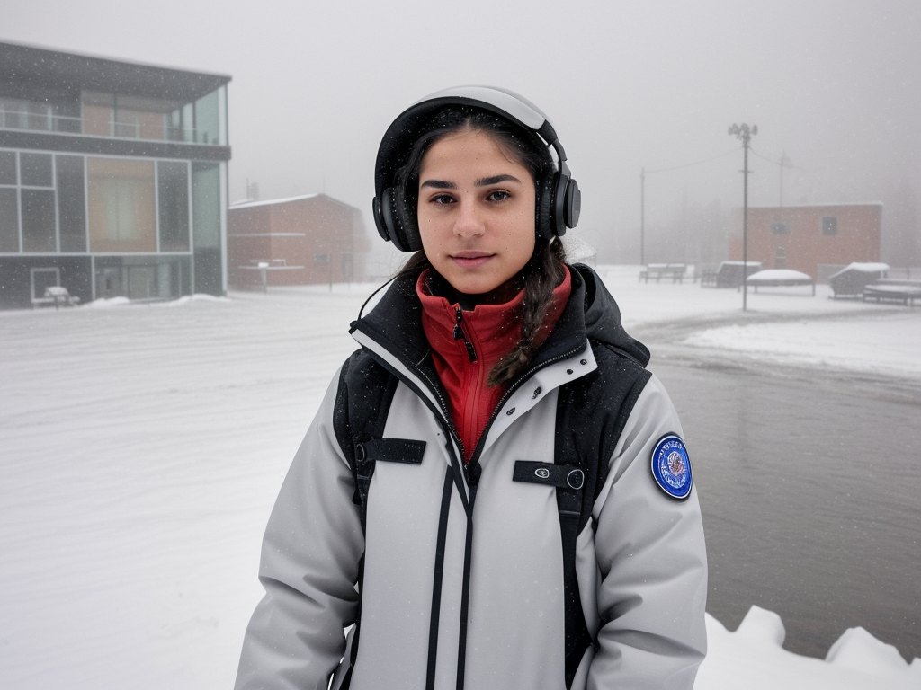 A young meteorologist in winter gear standing at a remote arctic weather station as snow falls around her