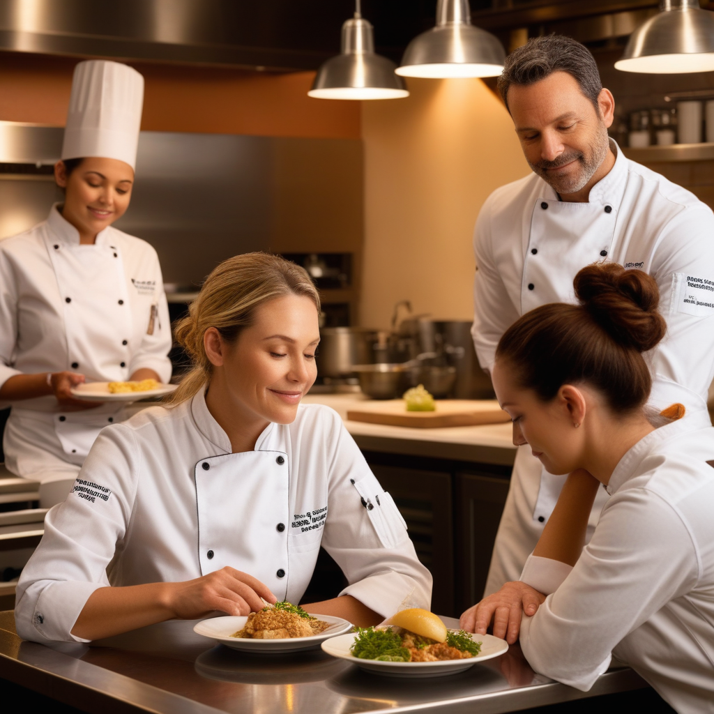 Restaurant workers sitting together at a small table in a warm kitchen after closing, tired but content, sharing a quiet meal after a hard week