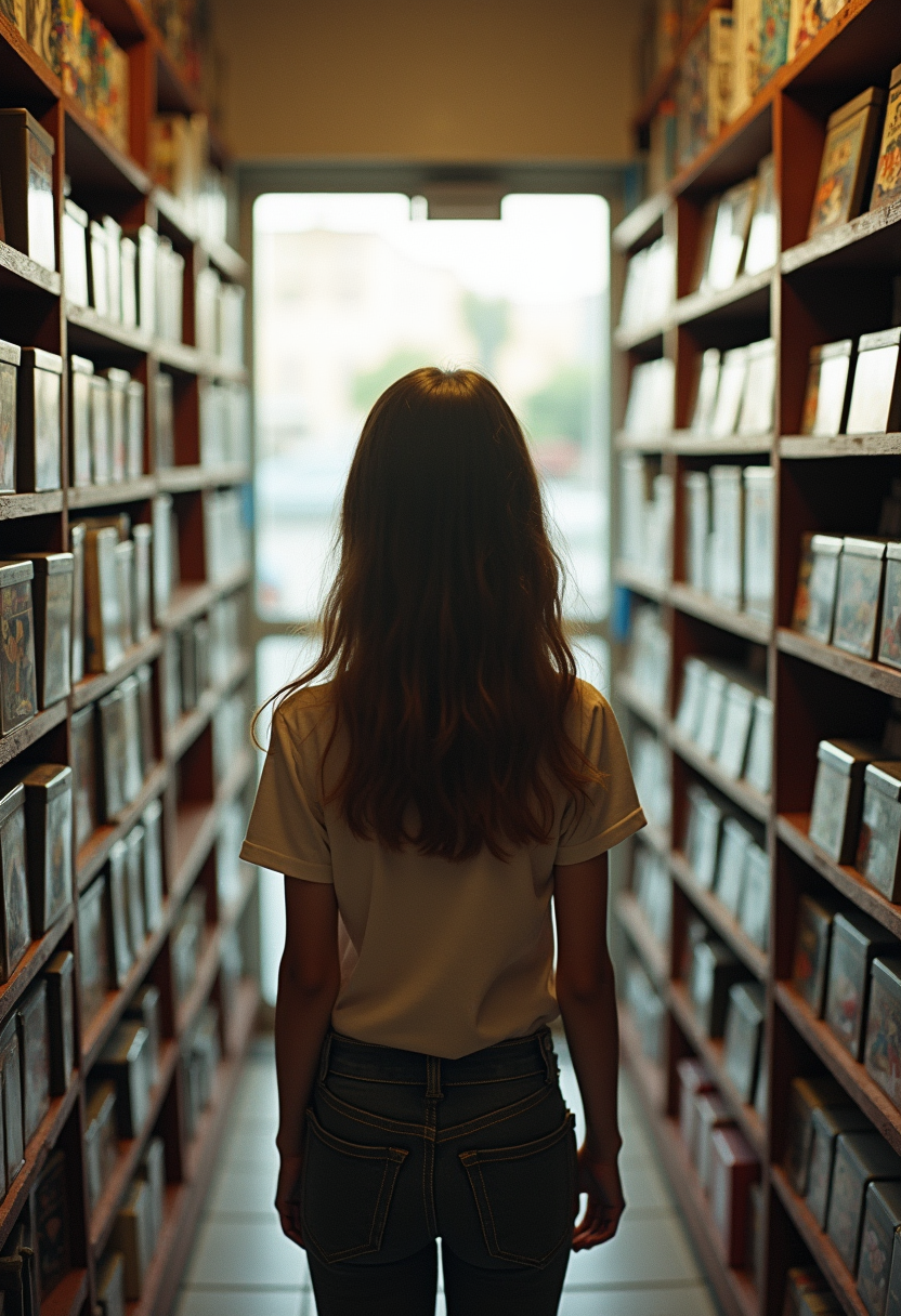 A teenage girl seen from behind, standing in a narrow aisle of a used game store between tall racks of loose cartridges, hands at her sides, facing the daylight of the storefront window
