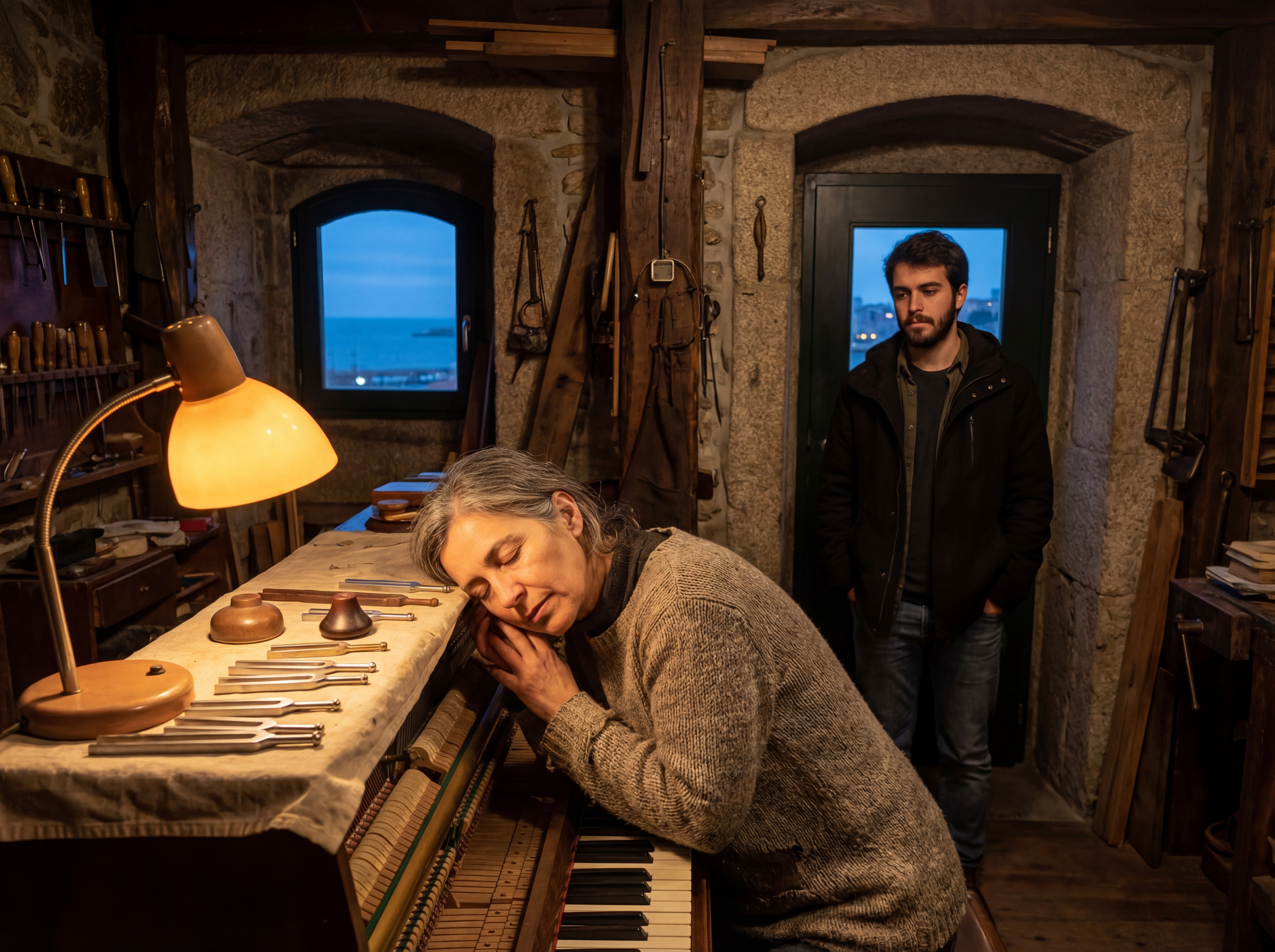 A piano tuner in a Porto workshop presses her ear to the strings, while her young apprentice watches quietly from the doorway