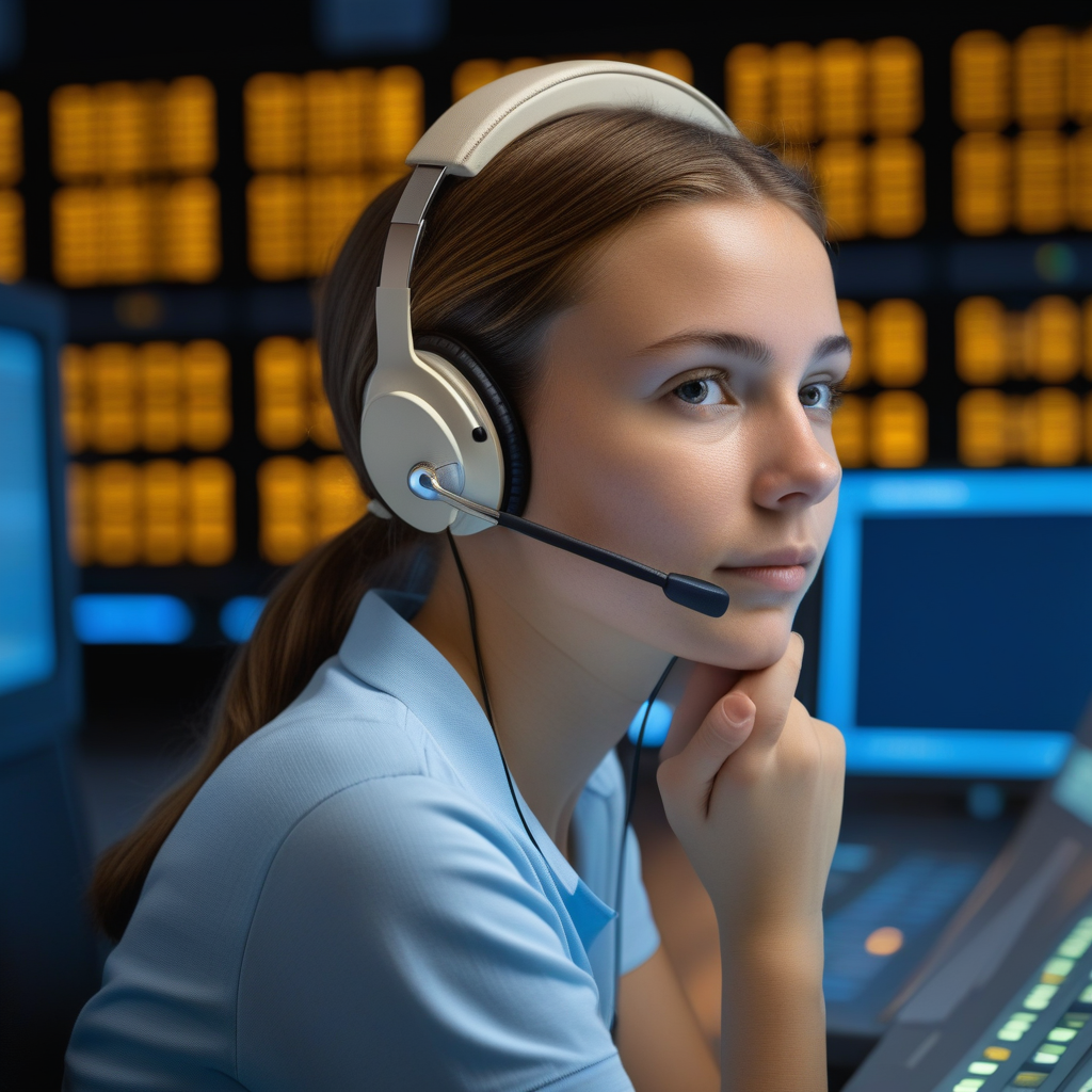 A young woman with brown hair tied back wears a beige headset at a darkened air traffic control console, her face lit by the soft amber and blue glow of indicator lights and screens behind her, expression contemplative and deliberate