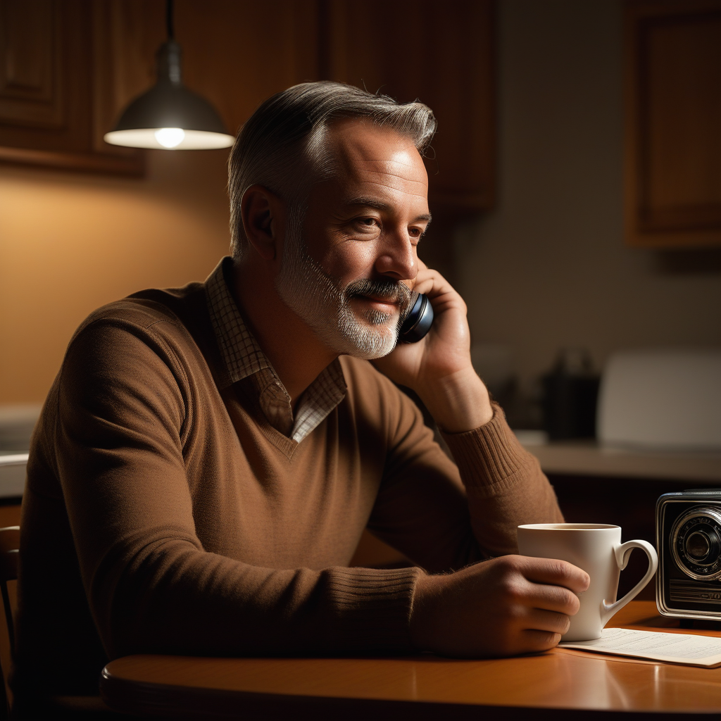 An older man in his sixties sits at a small kitchen table at midnight, single mug of coffee in front of him, a vintage radio on the table beside him and a headset cable trailing off-frame; expression listening rather than speaking, gentle attentive presence, dim warm lighting from a single pendant lamp