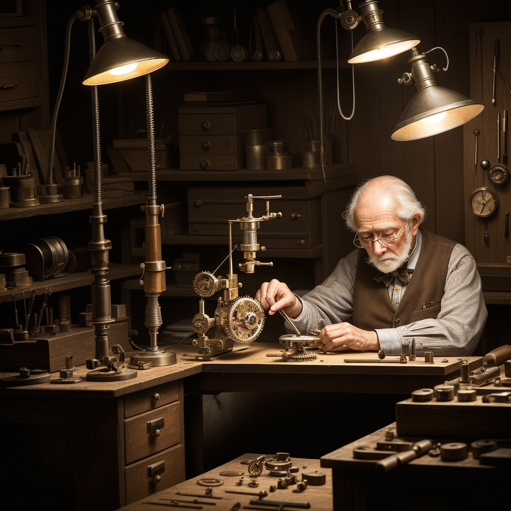An elderly watchmaker at his bench under focused lights, working with precision tools on delicate timepieces