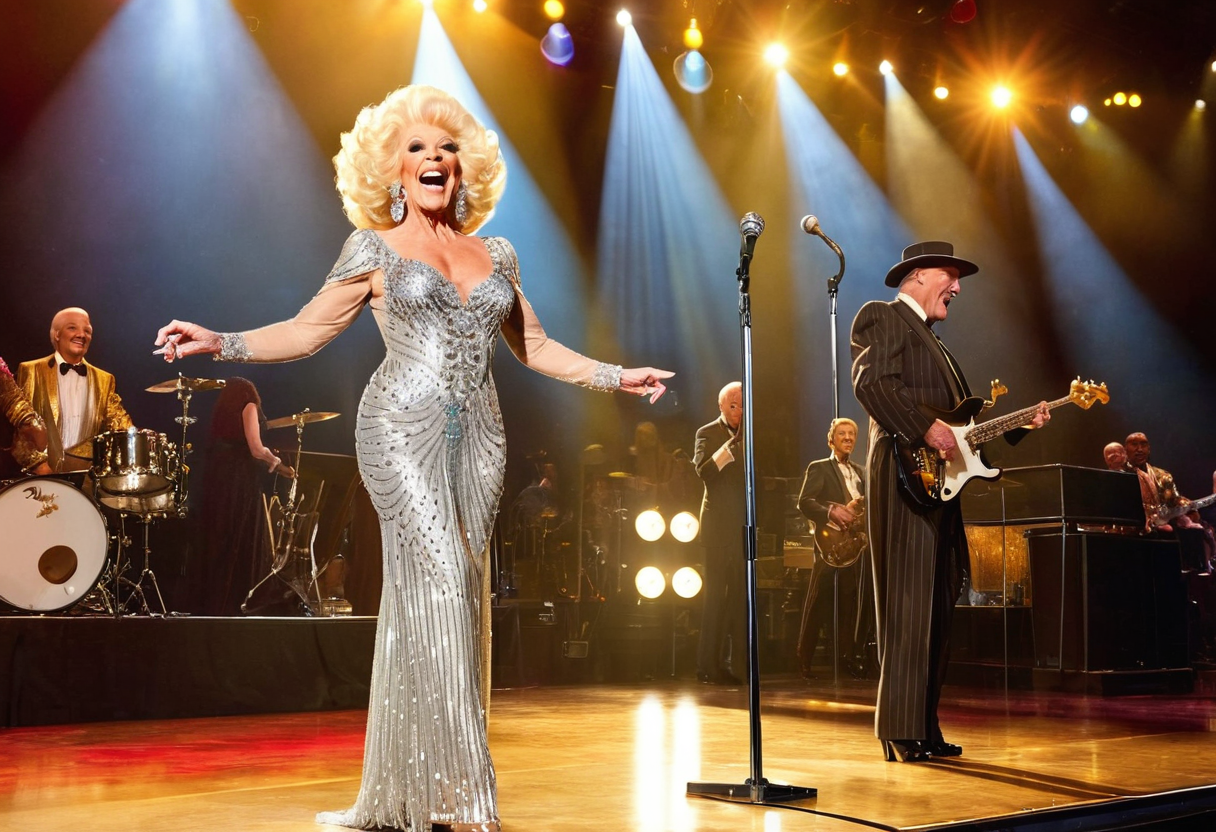 An elderly female country music star in a sparkling silver rhinestone gown and tall blonde wig stands center stage under warm spotlights, arms open, joy on her face, with a band visible behind her — bass player, drummer, the warm glow of theater lights filling the air.
