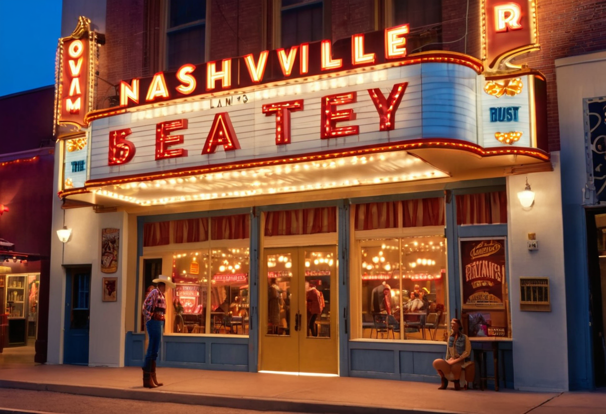 A vintage theater marquee at night with bright lit-up letters and a glowing border of warm bulbs, classic Americana streetscape under string lights, a man in cowboy boots standing at the entrance and another seated by the door — the warm dusk-to-night atmosphere of a venue still alive with her name burning above the sidewalk.