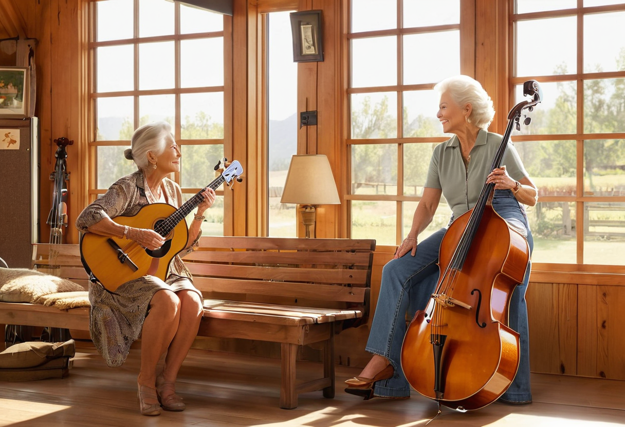 Two older women playing music together in a sunlit ranch room — one seated on a worn wooden bench with a small acoustic guitar, the other standing with a tall upright bass, soft afternoon light streaming through tall windows, warm lived-in domestic Americana atmosphere, the quiet joy of musicians who've been making sound together for forty years.
