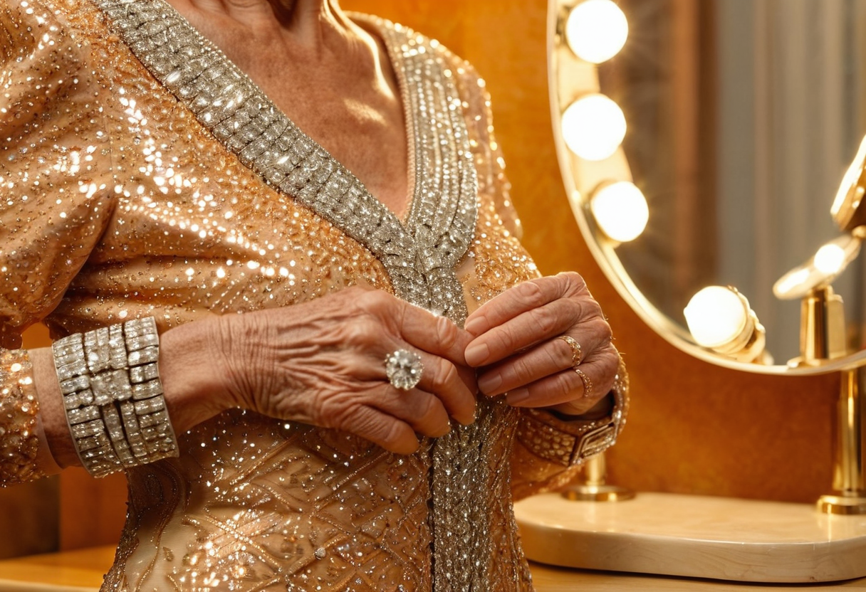 Close-up of an elderly woman's hands gently adjusting the cuff of a heavy gold and silver rhinestone-covered stage gown, her wedding band catching the light, the rhinestones glittering in warm vanity-bulb amber, soft focus dressing-room background — beautifully aged hands carrying the weight of every show that came before.