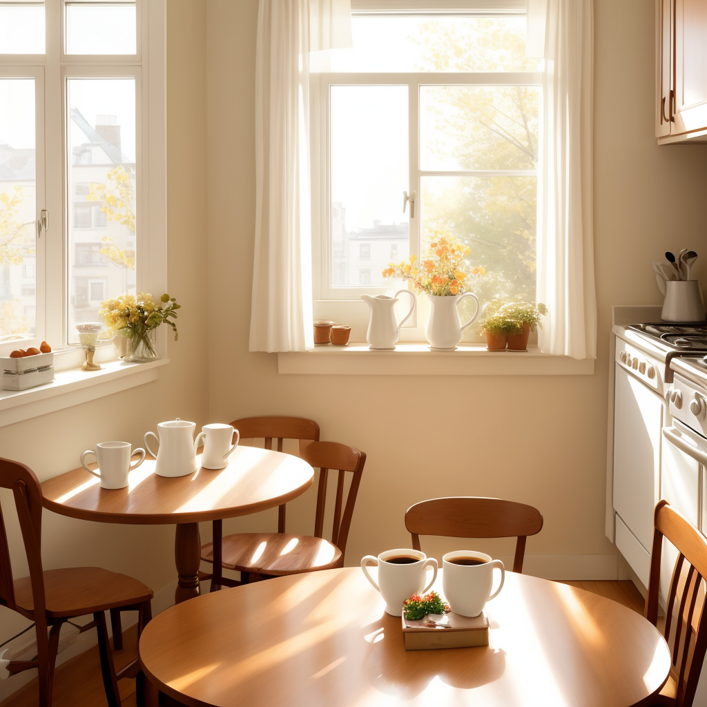 A warm, sunlit kitchen with a small table set for two, showing connection and companionship