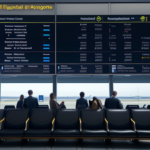 Passengers at airport terminal watching storm through windows, listening to air traffic control