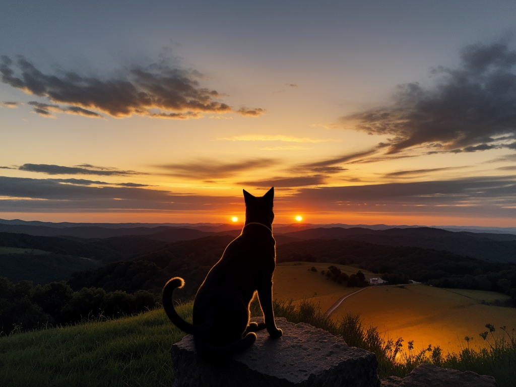 A black cat silhouetted against a sunset sky, sitting on a hilltop overlooking a valley