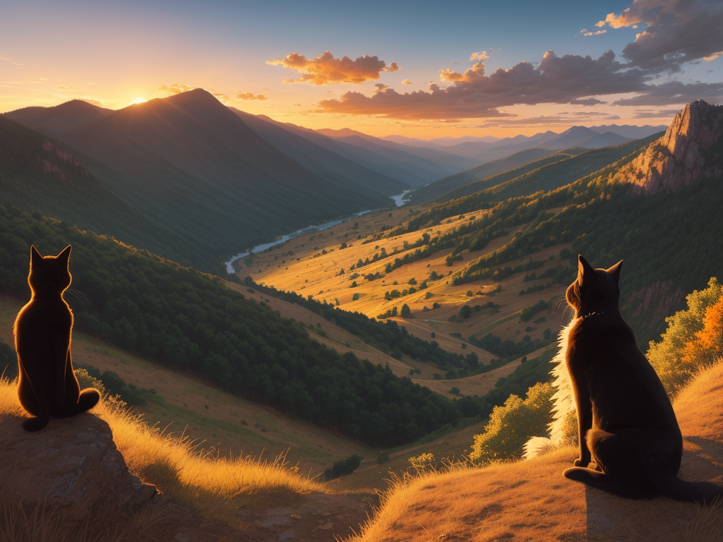 Two cat silhouettes on a ridge at sunset, looking out over a golden valley