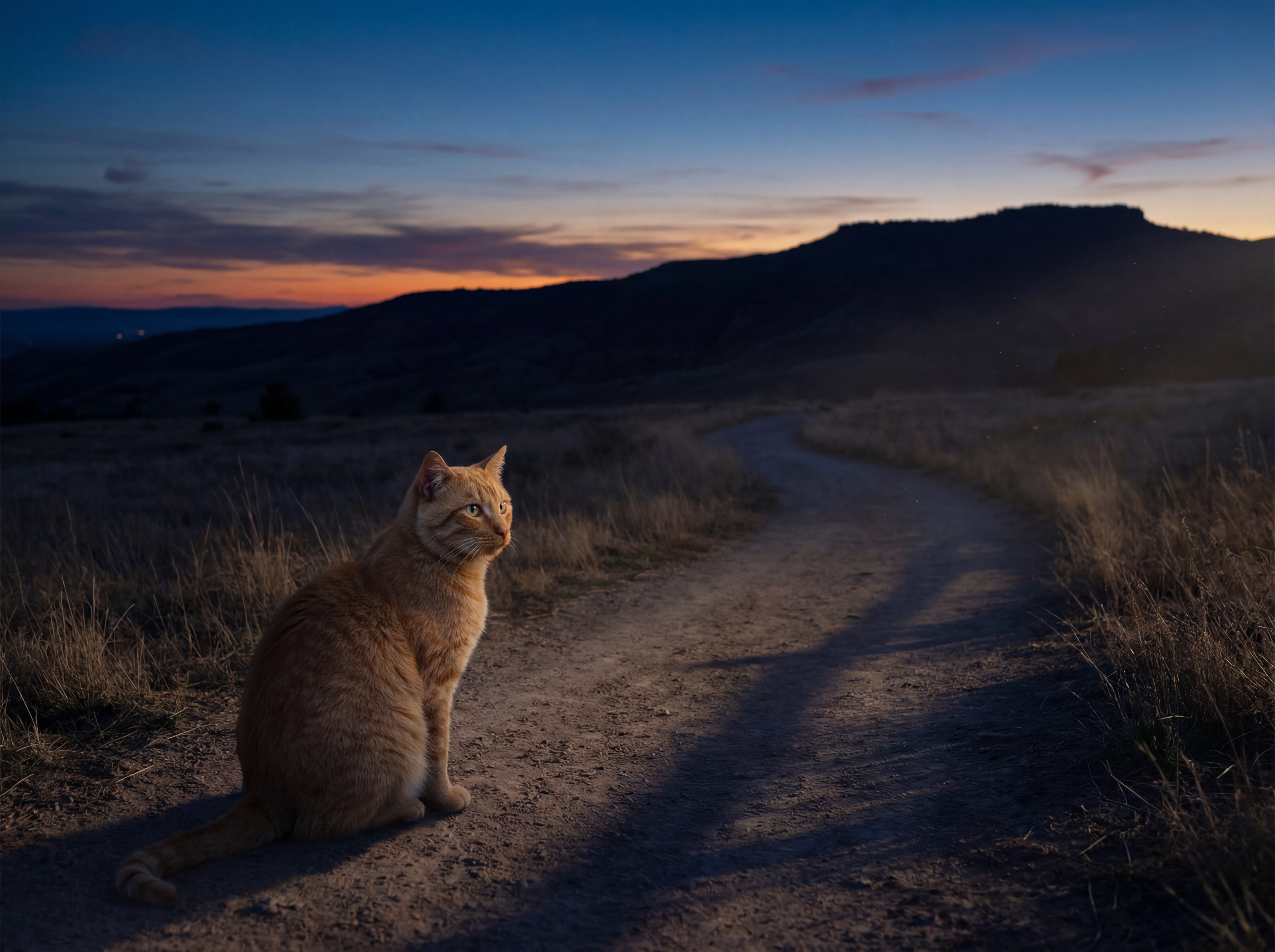 An orange tabby cat sitting on a dirt path at dusk, looking toward a distant ridge, the last light fading from the sky