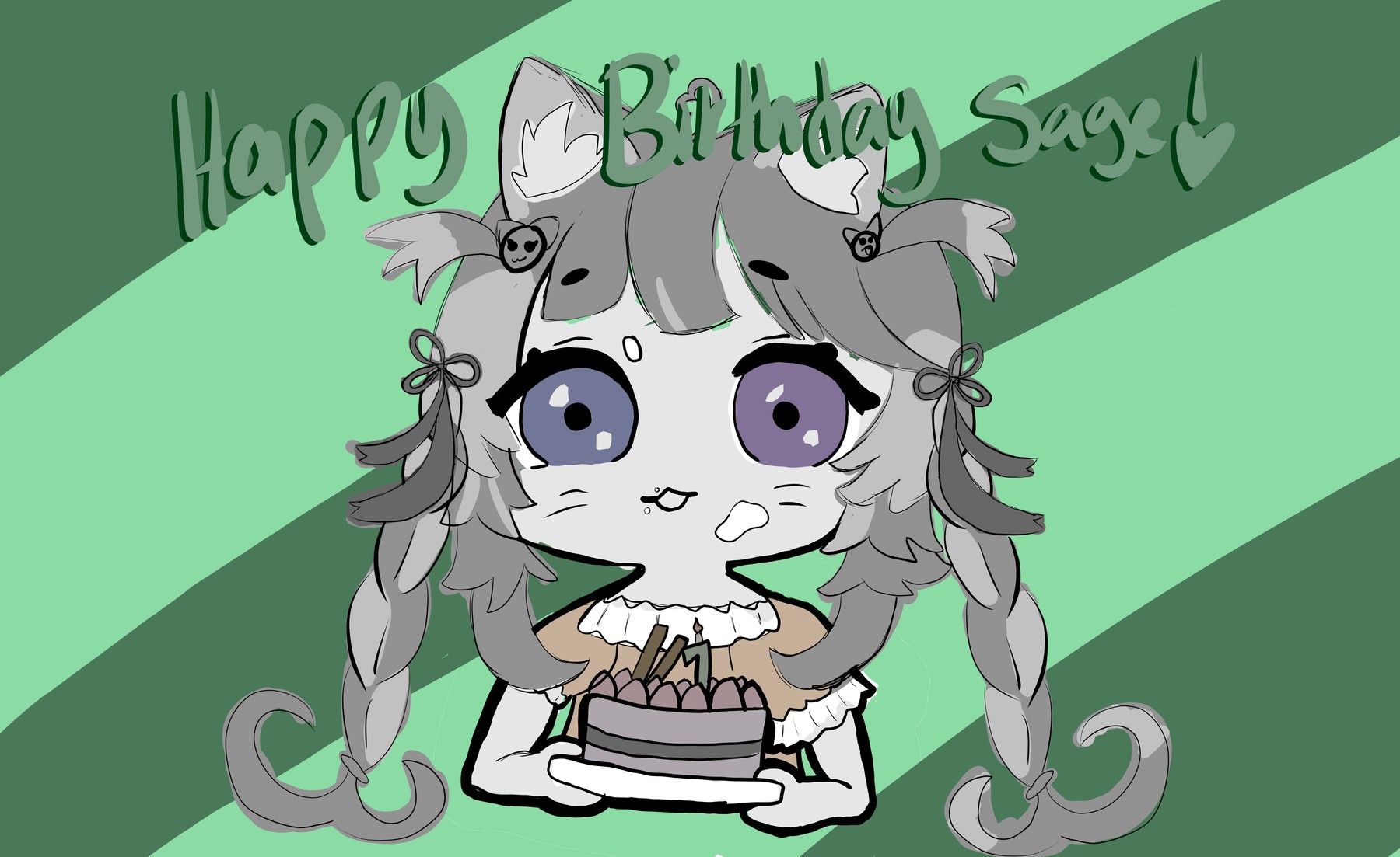 Birthday art by MewoAkemi: a grey-and-white cat girl with braided pigtails and small cat-face hair clips, one blue-grey eye and one violet, holding out a chocolate cake topped with strawberries and a single lit candle. Sage-green background. Hand-lettered: Happy Birthday Sage.