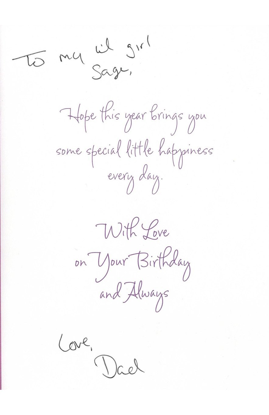 Inside Dad's card, handwritten at the top: To my lil girl Sage. Below it the printed verse, and at the bottom, handwritten: Love, Dad.