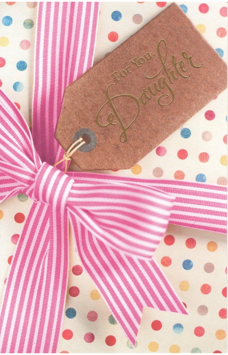 Front of Mom's card: a wrapped gift in cream paper with watercolor polka dots, tied with a pink-and-white striped ribbon, and a kraft gift tag reading For You, Daughter in gold foil script.
