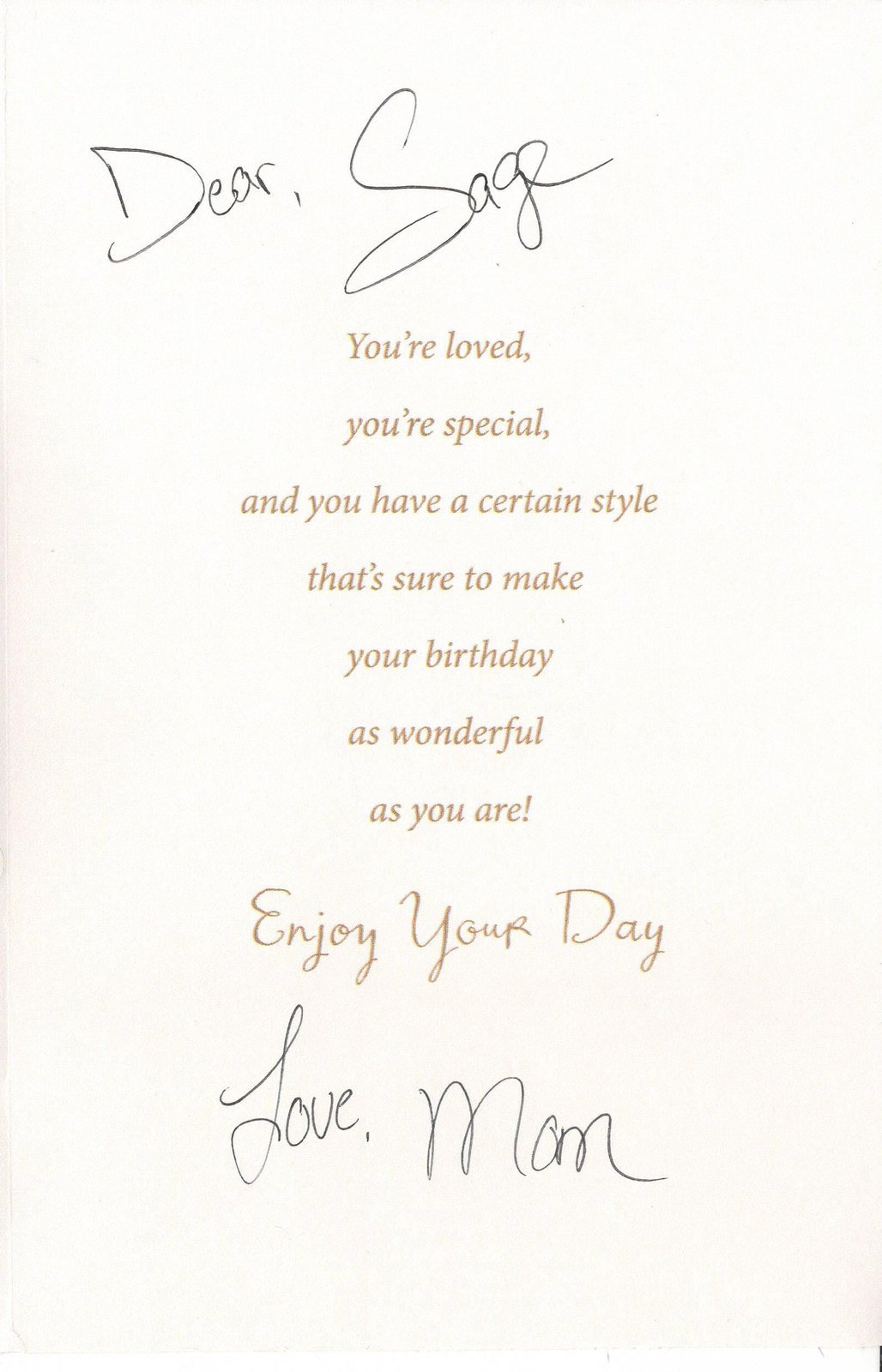 Inside Mom's card, handwritten at the top: Dear, Sage. Below it the printed verse, and at the bottom, handwritten: Love, Mom.